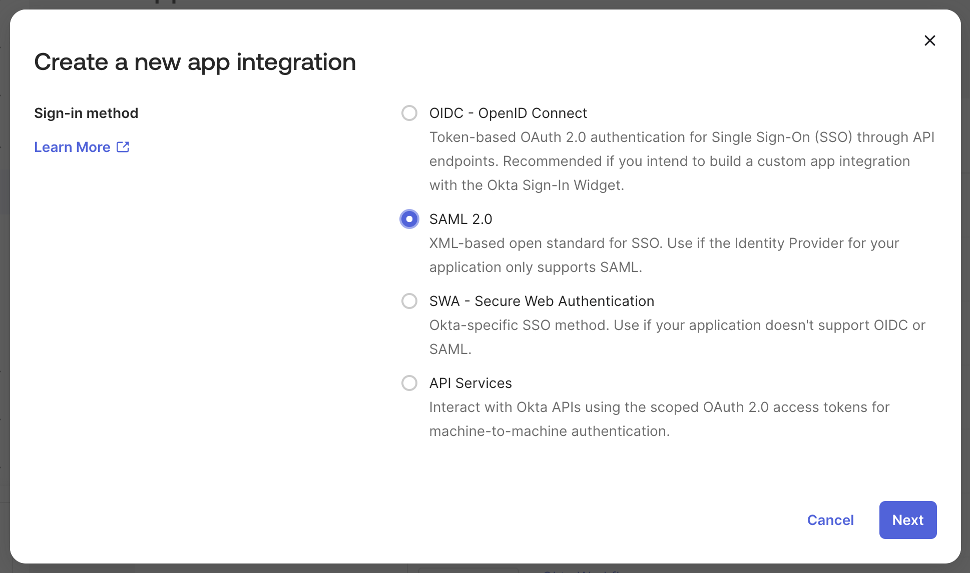 Select SAML 2.0