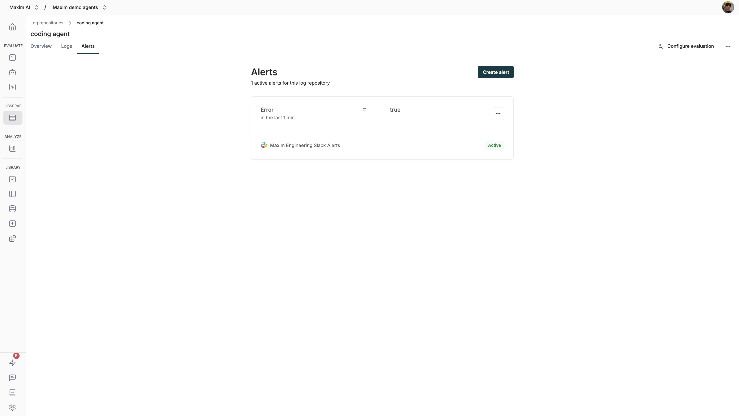 Screenshot of the alerts tab