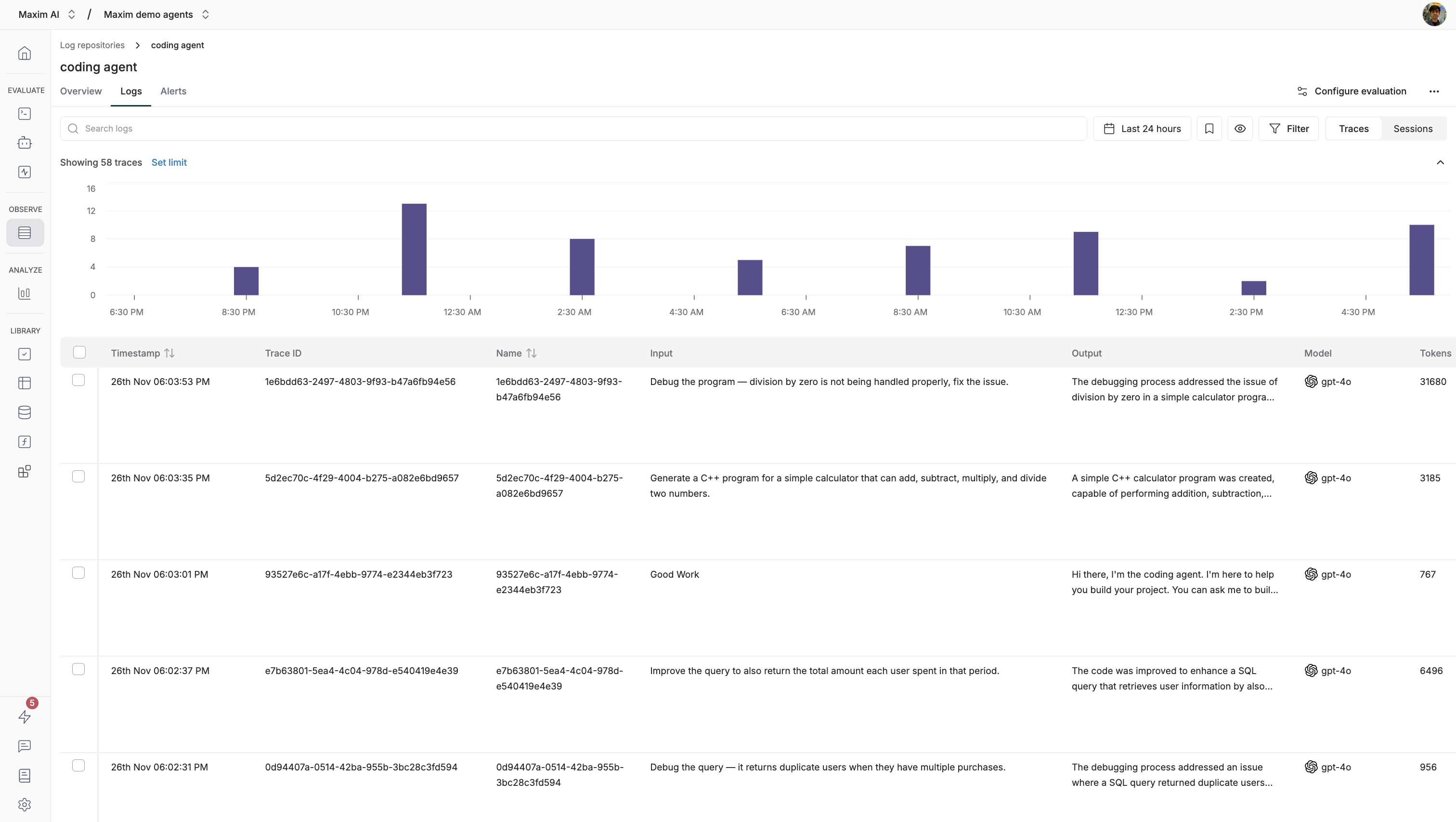 Screenshot of the logs tab