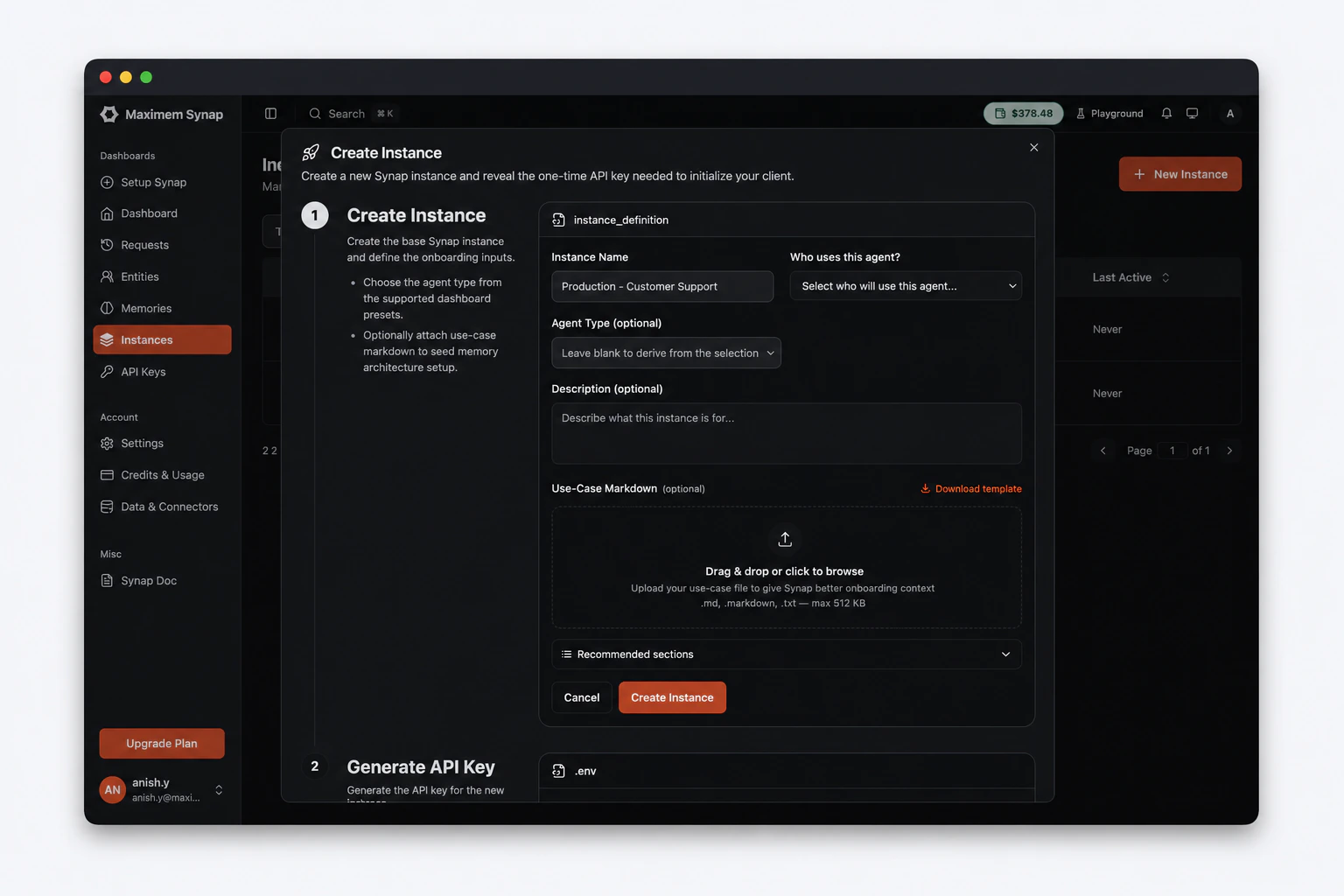 Creating a new instance in the Synap Dashboard
