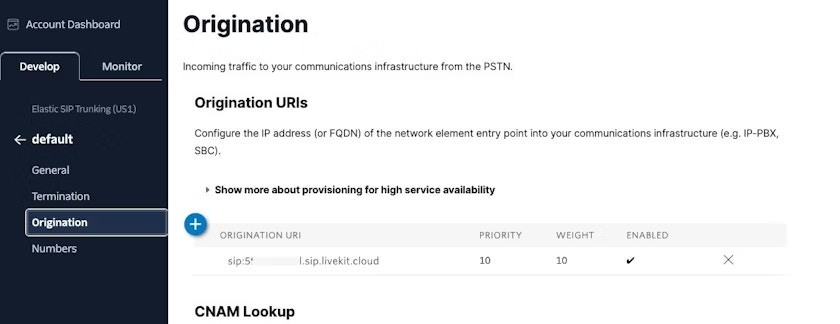 Twilio - Setup Origination Configuration
