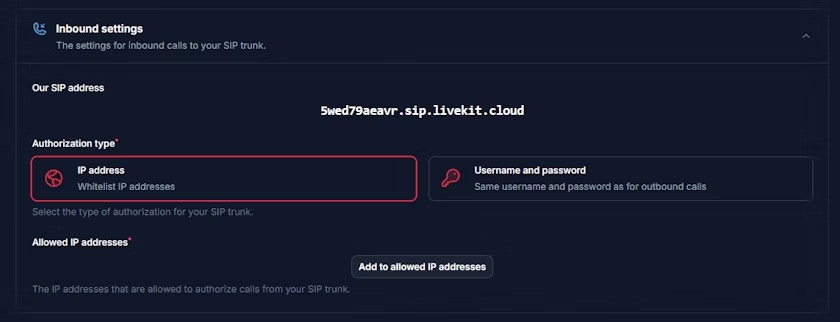 Configuração SIP Inbound Settings