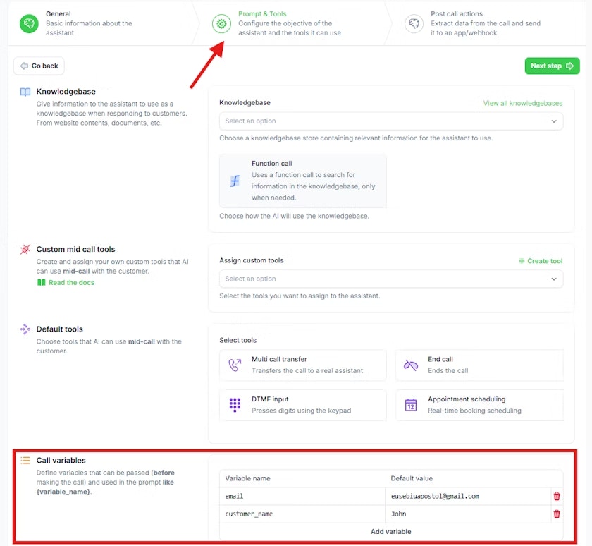 Setting test values for call variables