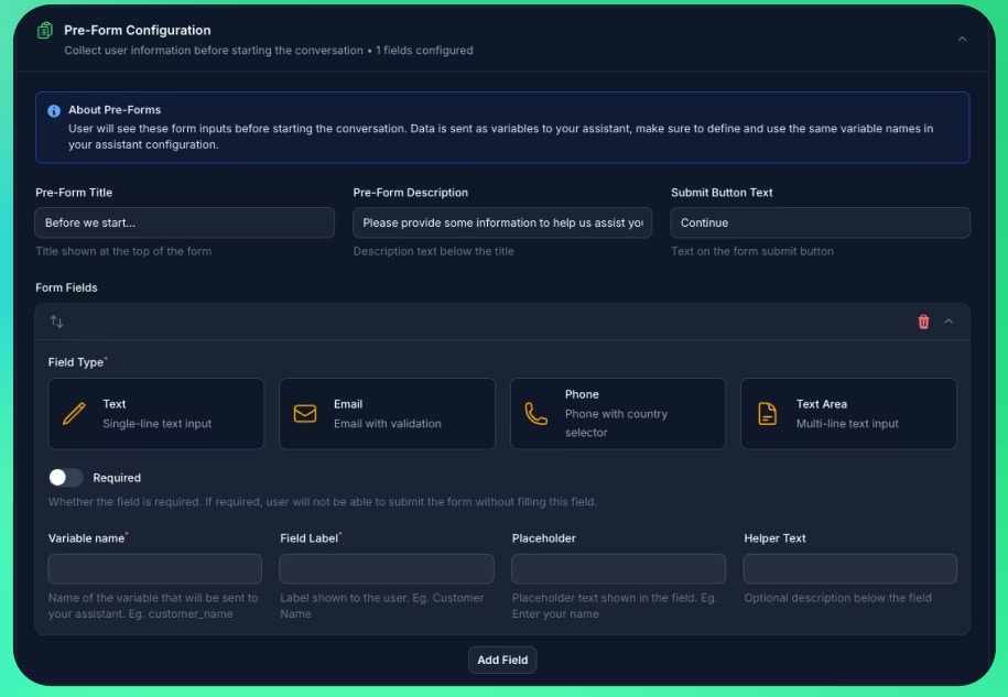 Pré-formulário do Widget