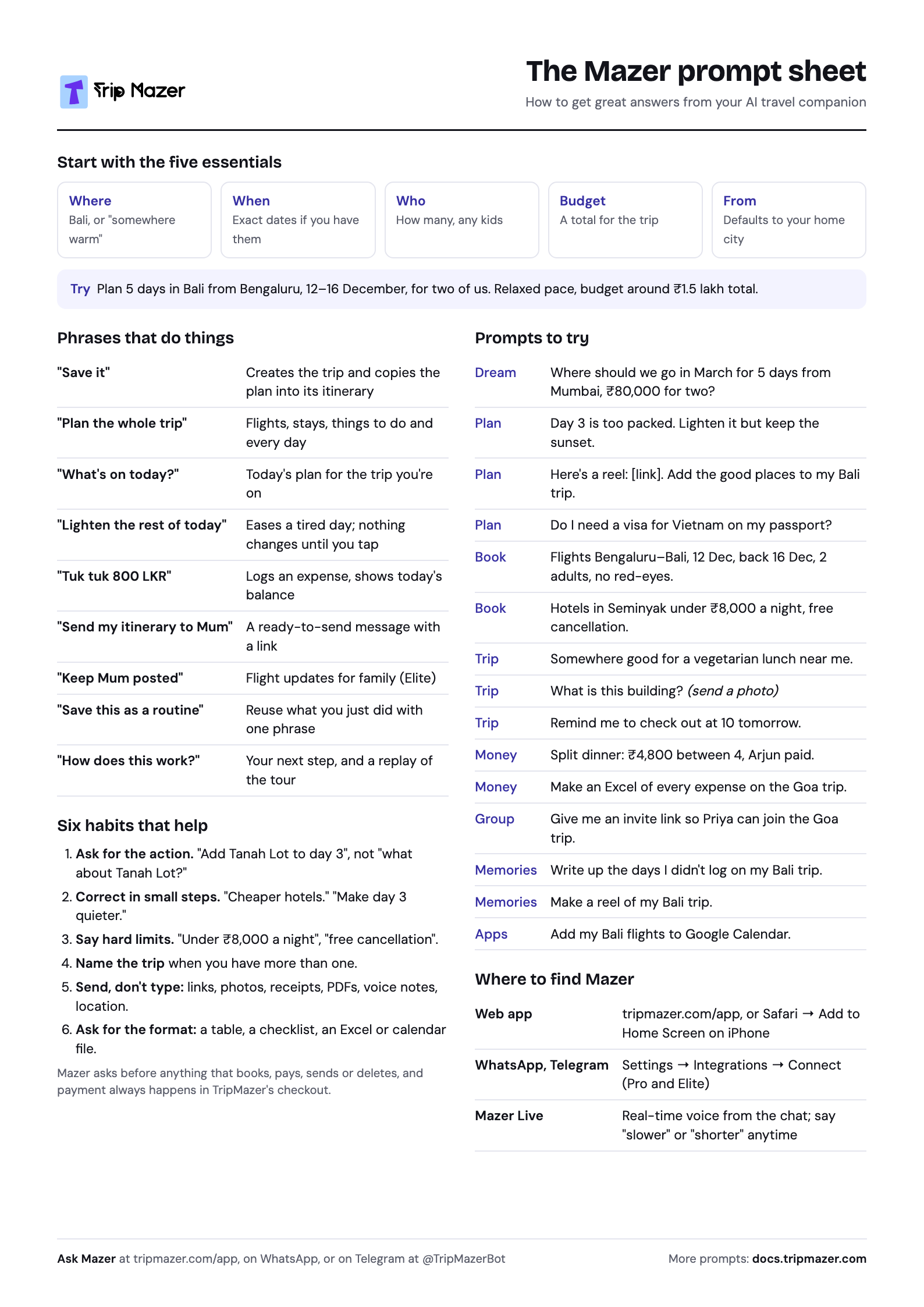 The Mazer prompt sheet: the five essentials, phrases that do things, six habits, prompts to try and where to find Mazer