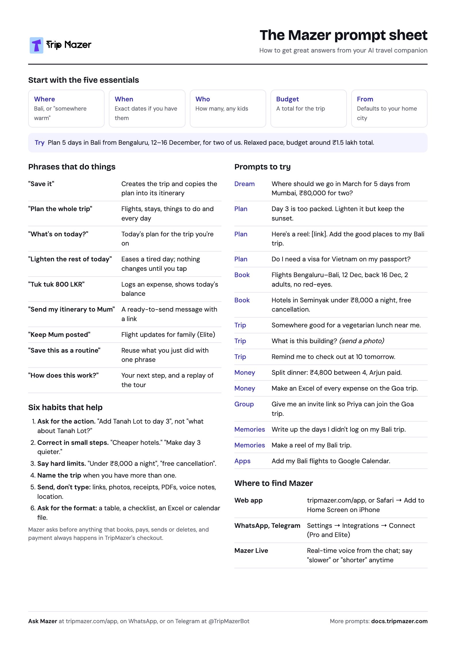 The Mazer prompt sheet: the five essentials, phrases that do things, six habits, prompts to try and where to find Mazer