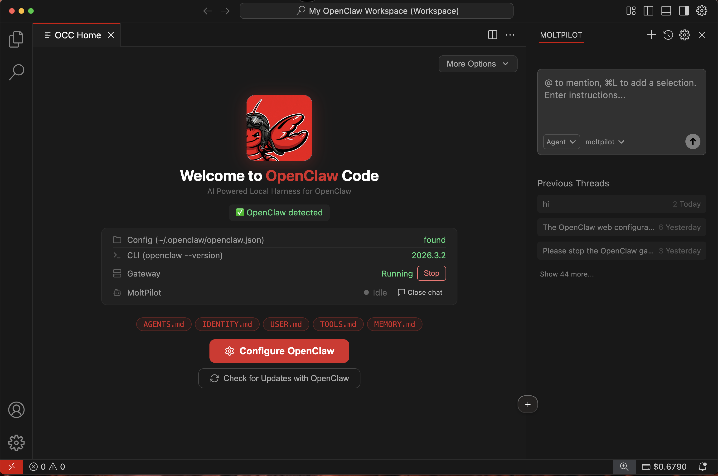OpenClaw Code desktop app — home screen with agent status