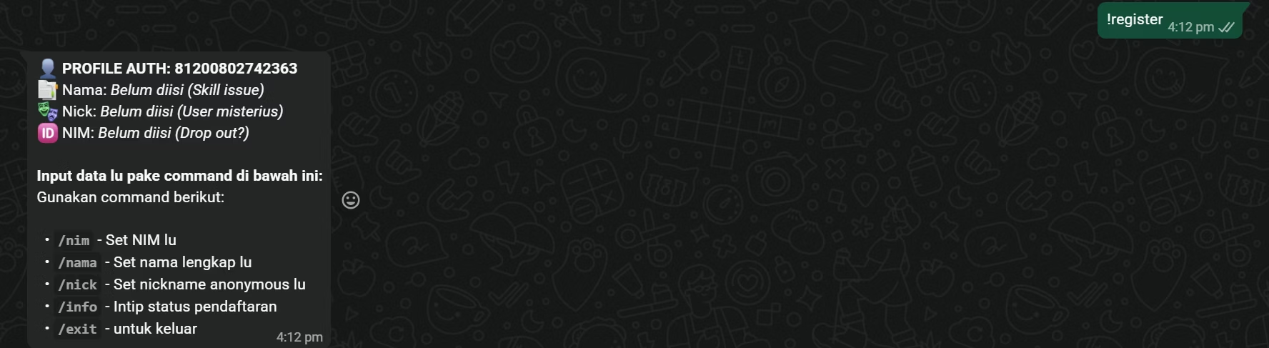 Contoh bot memulai sesi registrasi