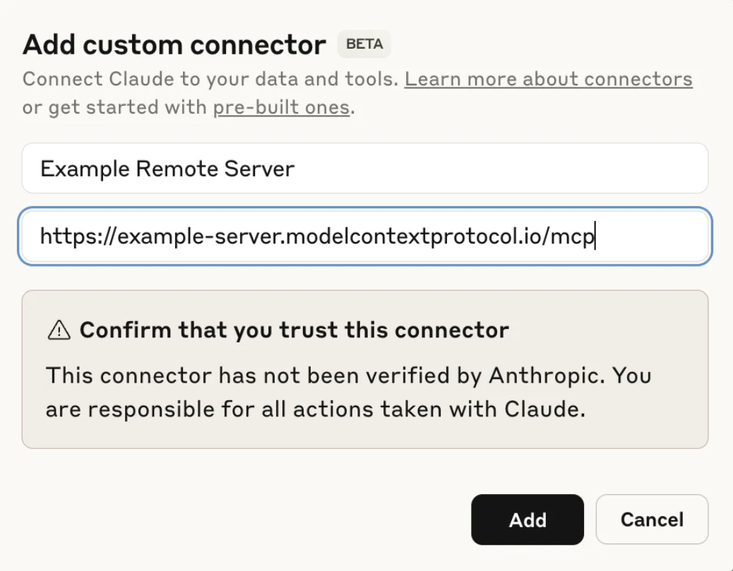 Add custom connector button in Claude settings