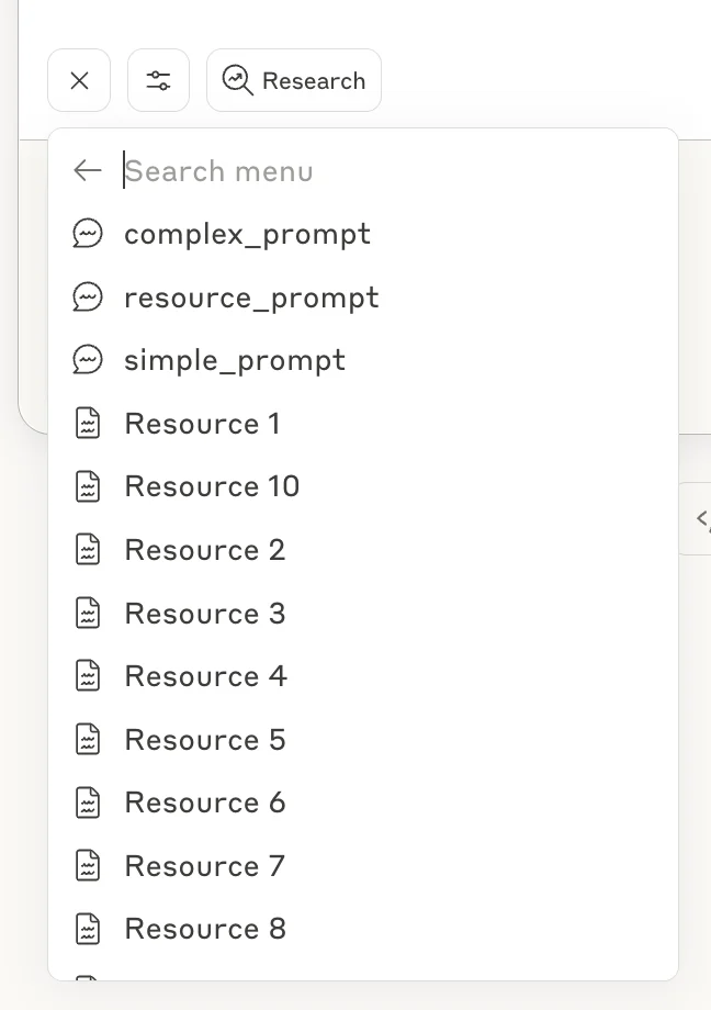 Selecting specific resources and prompts from the menu