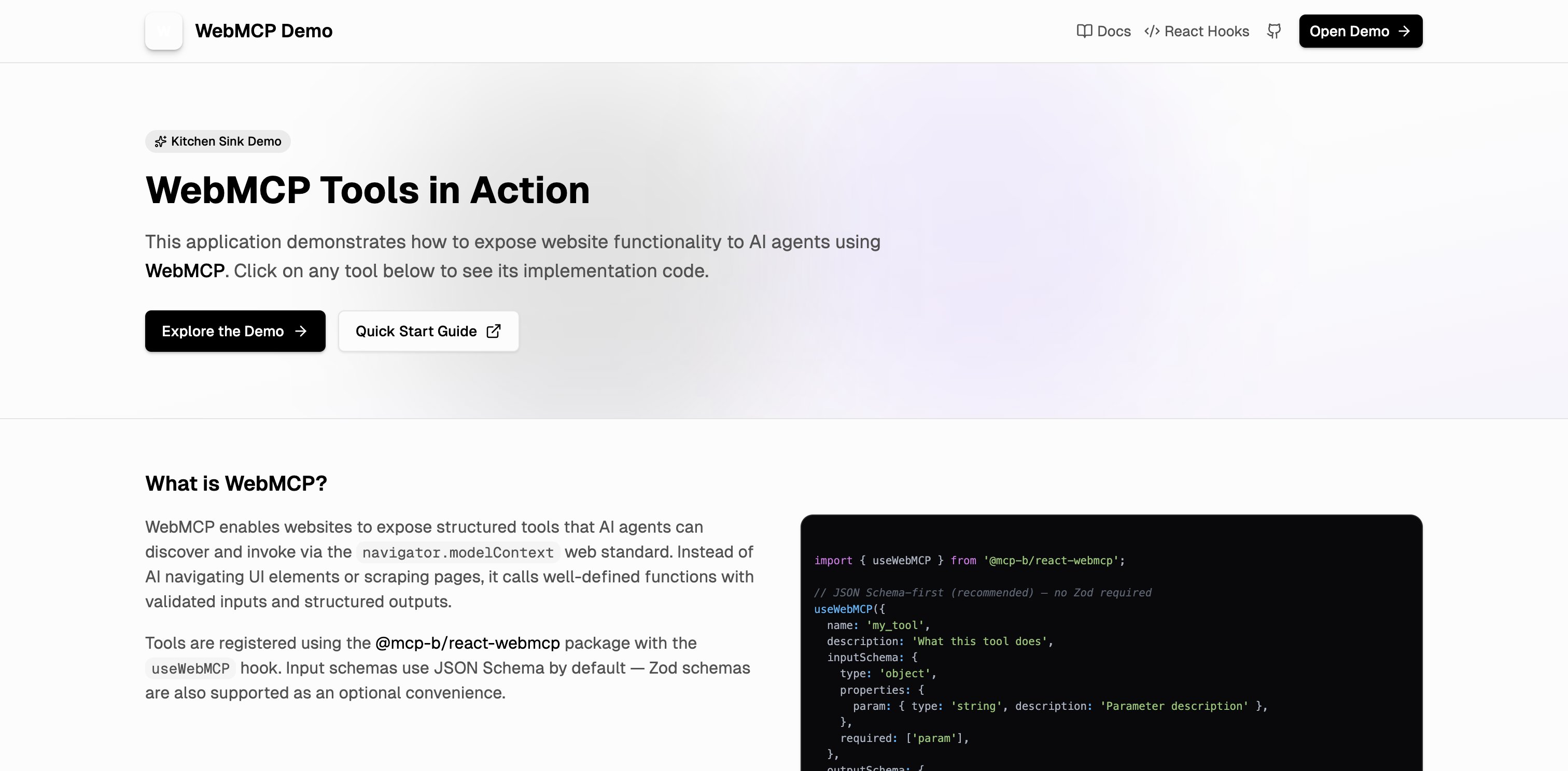 webmcp.sh landing page showing registered WebMCP tools