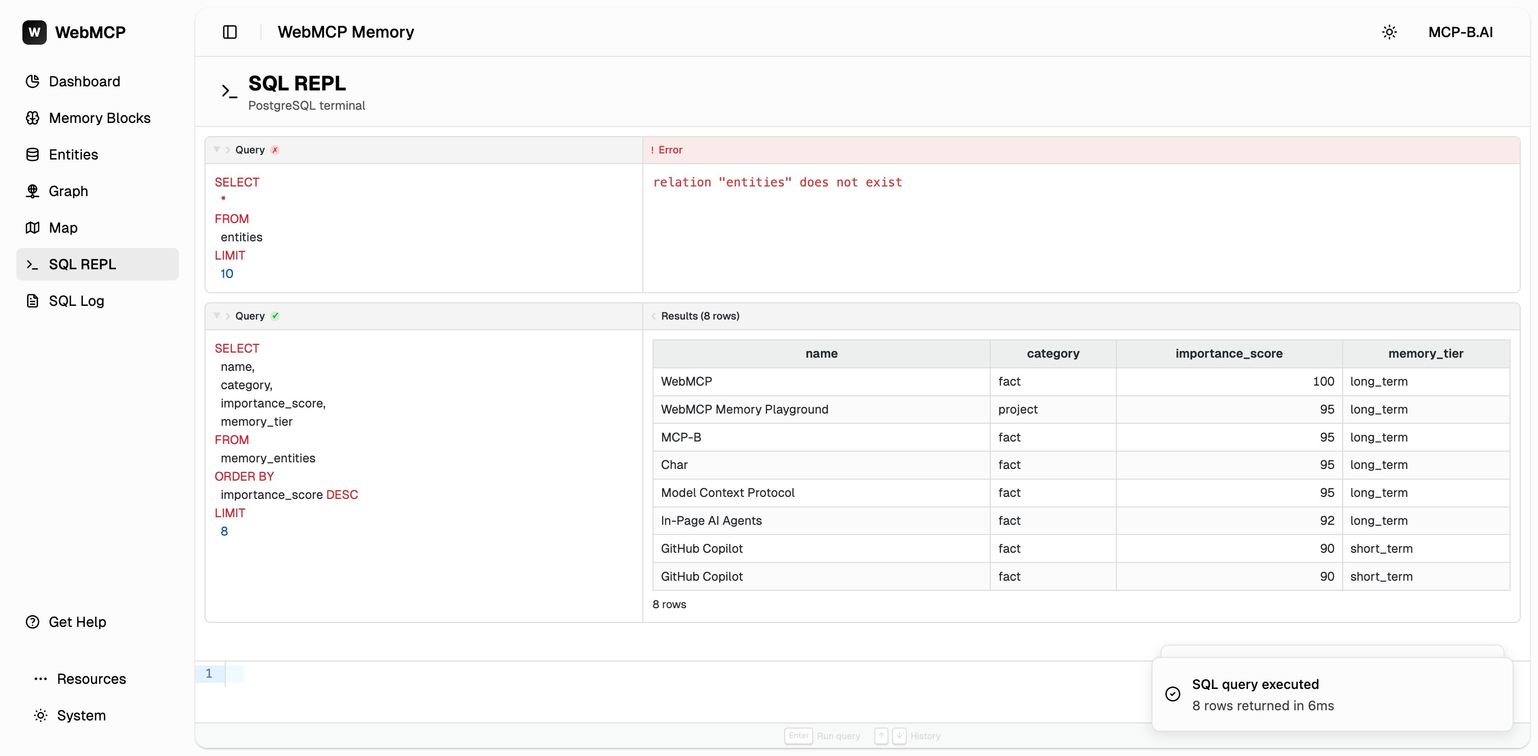 SQL REPL showing query results returned by the agent via the sql_query WebMCP tool