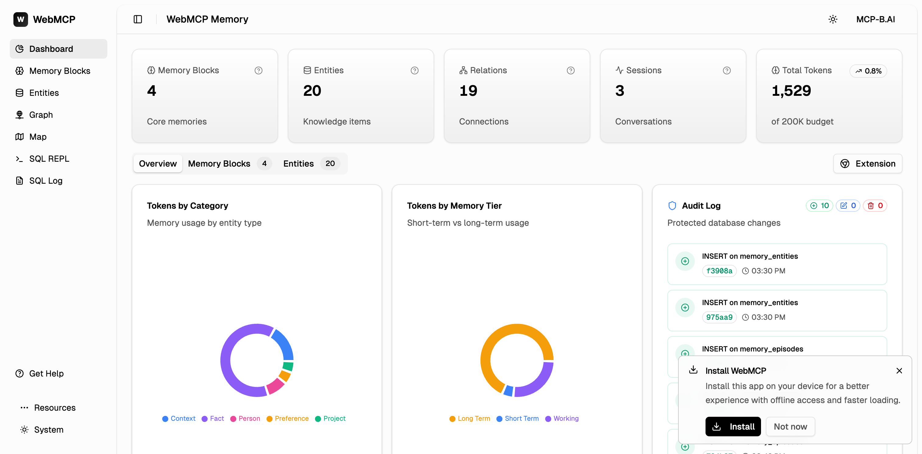 webmcp.sh dashboard showing memory stats, charts, and audit log