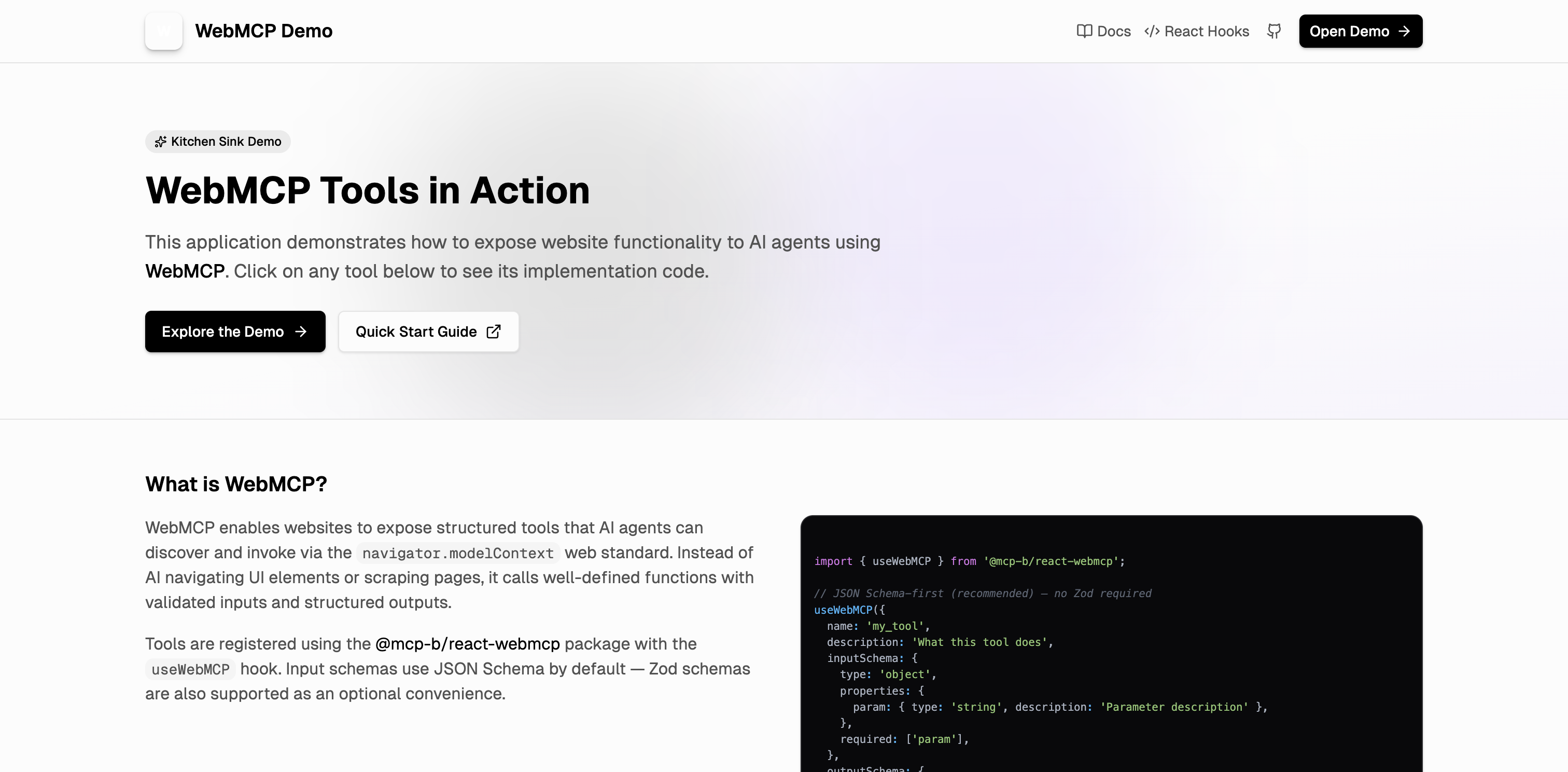 webmcp.sh landing page showing registered WebMCP tools