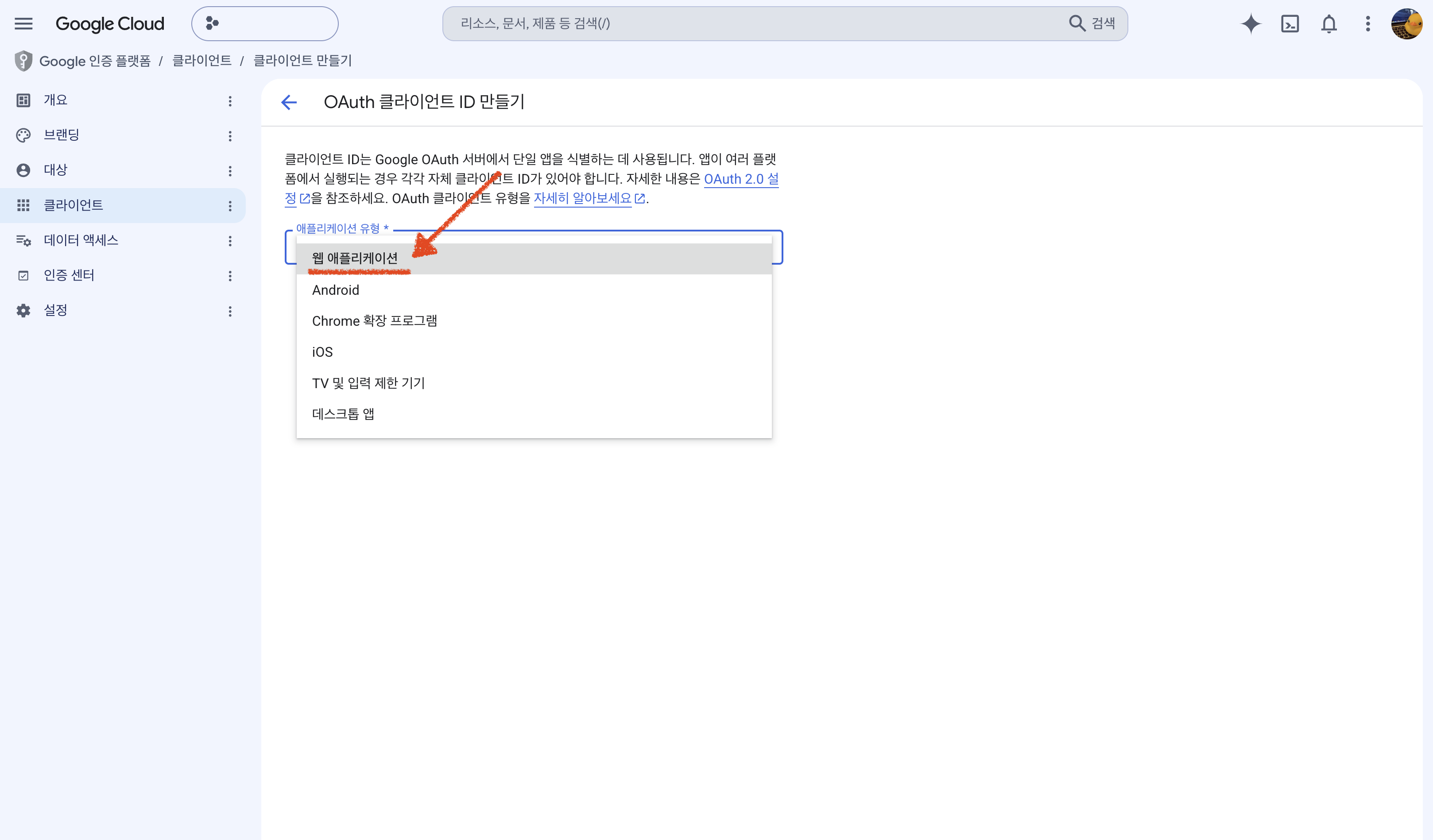 The application type dropdown, open, with Web application highlighted at the top