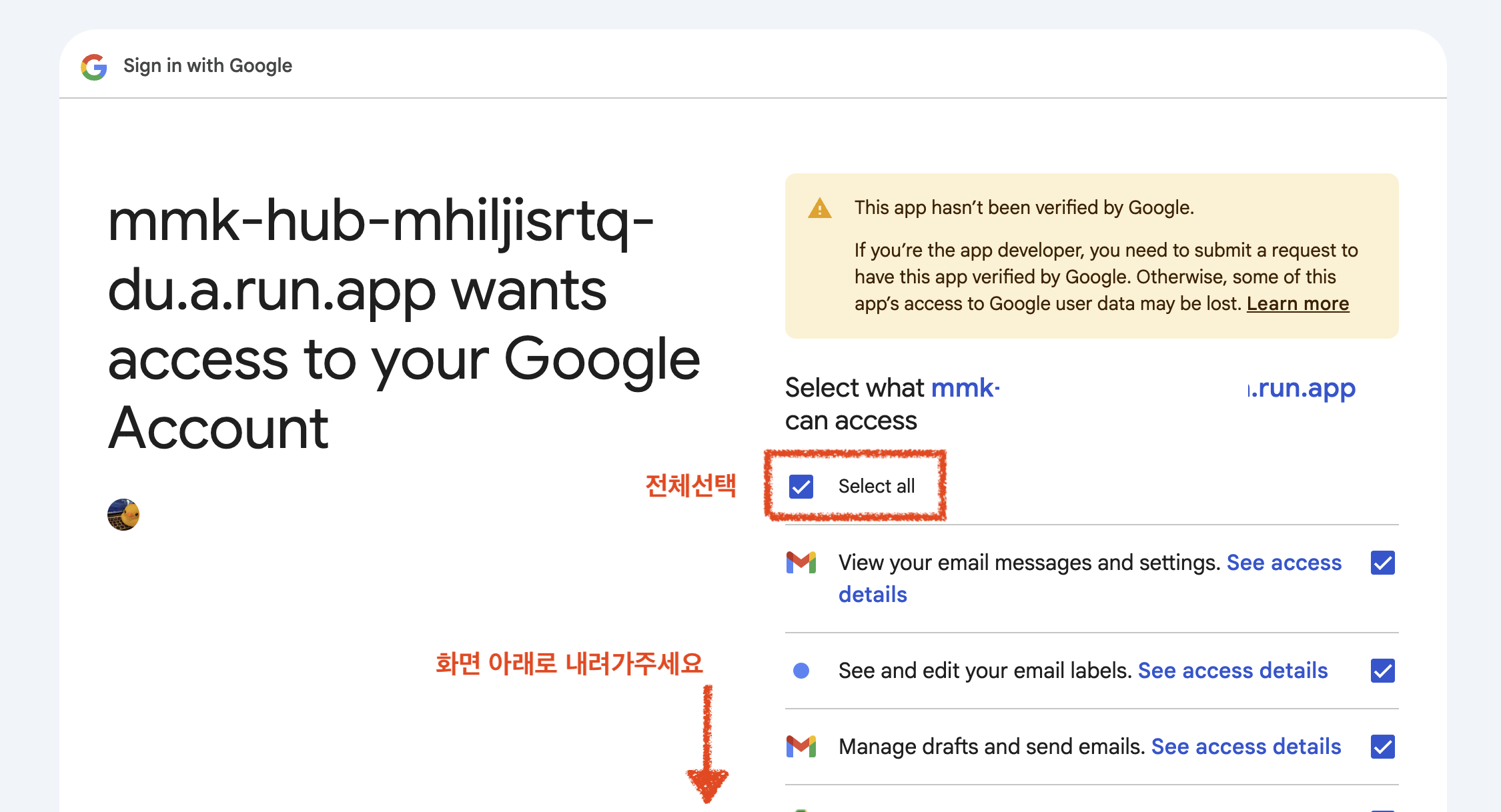 개별 권한 목록 위에 Select all 체크박스가 있는 구글 권한 화면