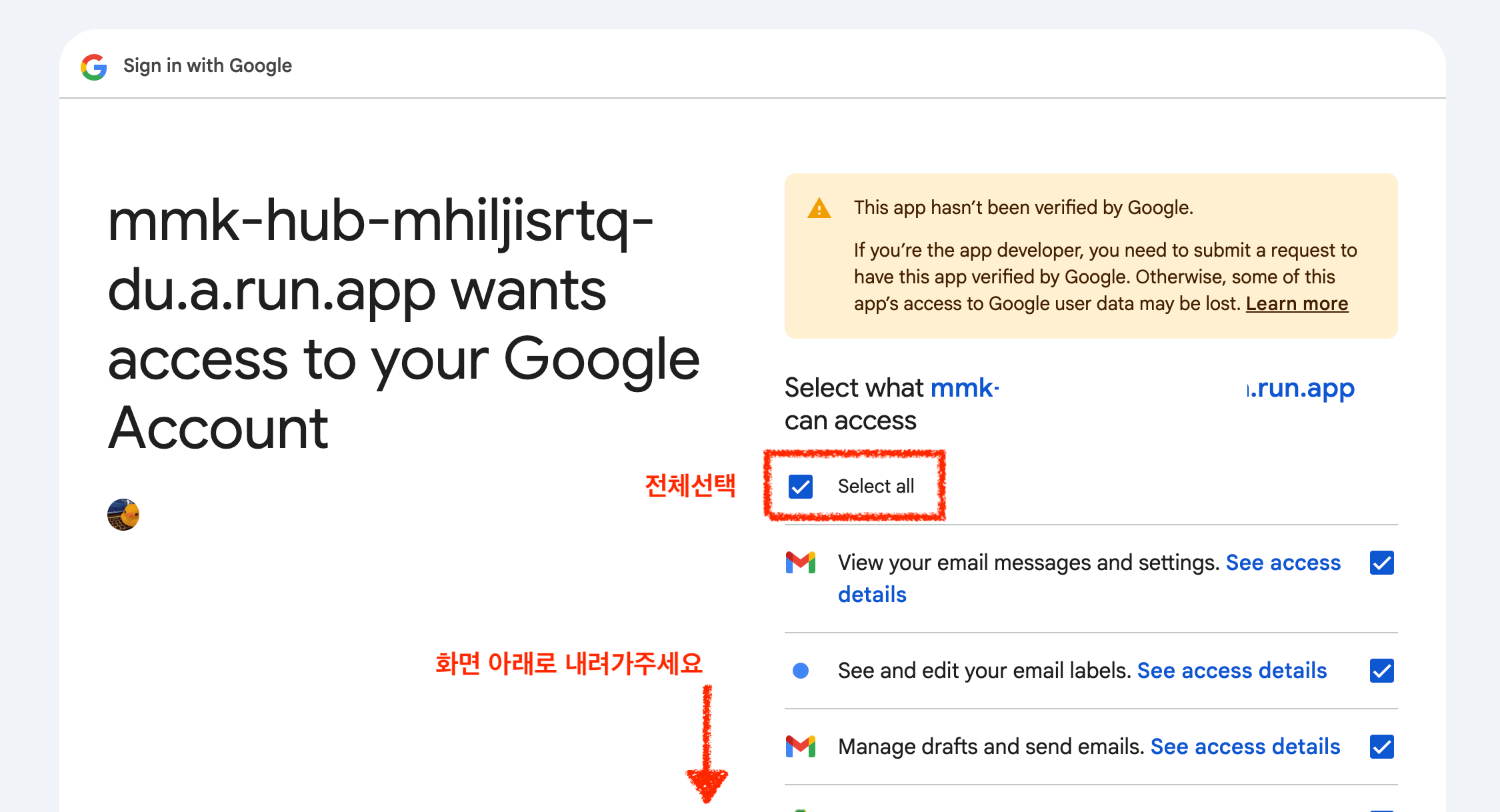 개별 권한 목록 위에 Select all 체크박스가 있는 구글 권한 화면
