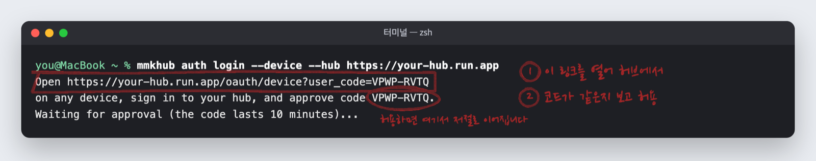 Example terminal. The approval link is boxed in red and the code is circled