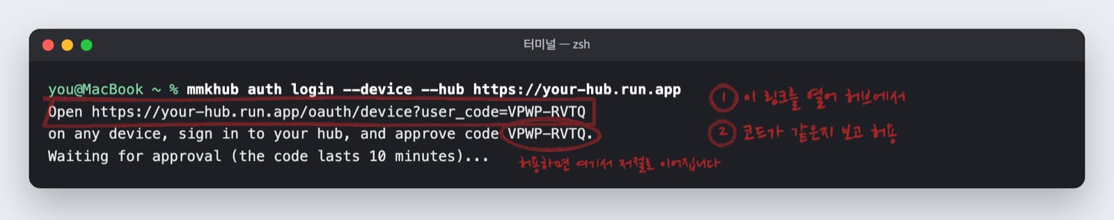 Example terminal. The approval link is boxed in red and the code is circled