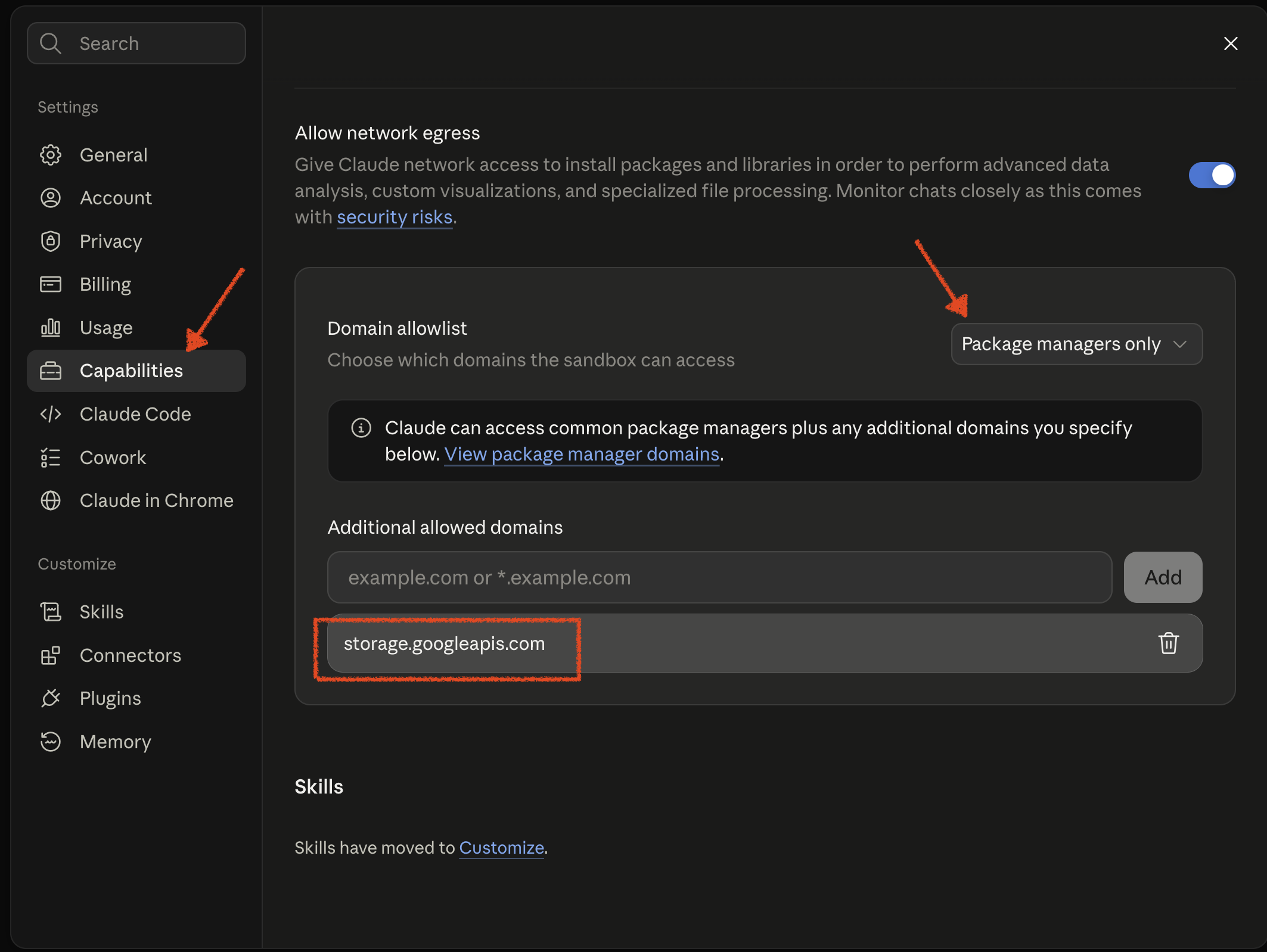 Claude's Capabilities settings, with Domain allowlist set to Package managers only and storage.googleapis.com added under Additional allowed domains