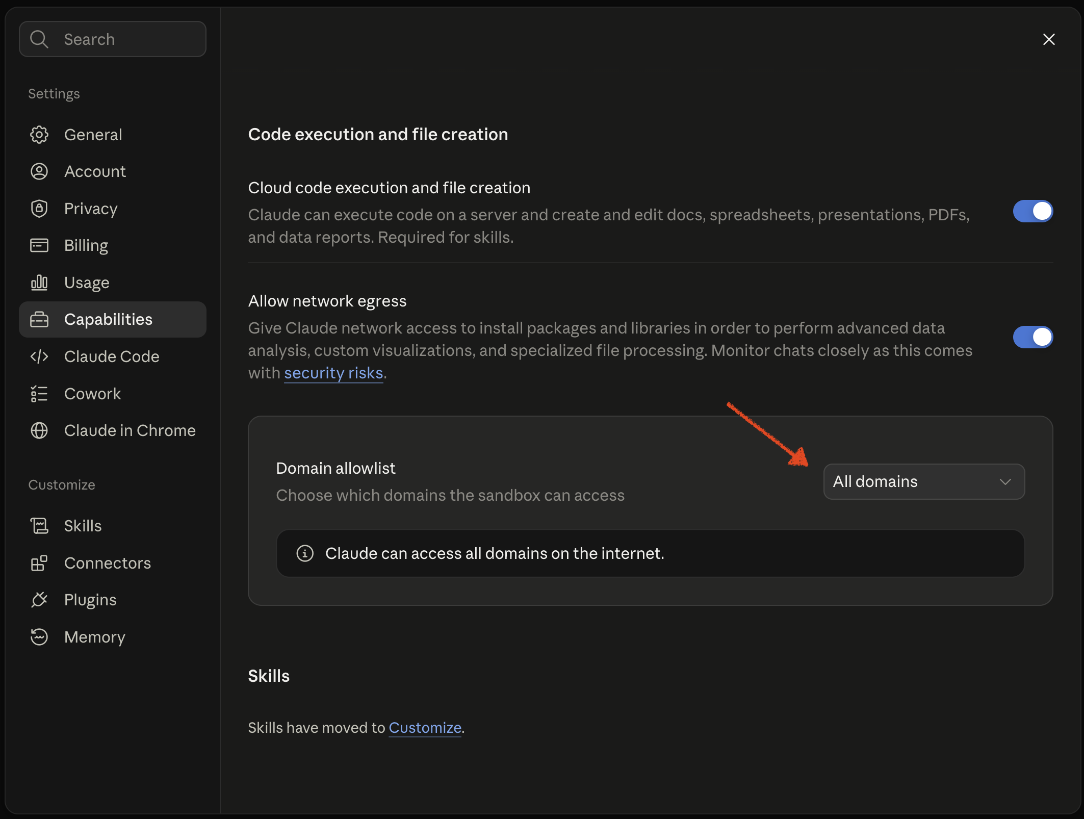 The same settings with Domain allowlist set to All domains, and a note that Claude can access all domains on the internet