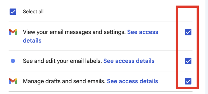 The same screen with Select all ticked, so all three permissions are granted