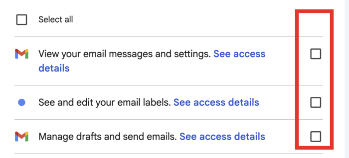 Google permissions screen with Select all and all three permissions unticked