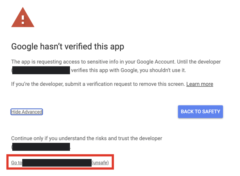 Google's unverified app warning, with the go to link revealed below the Advanced button