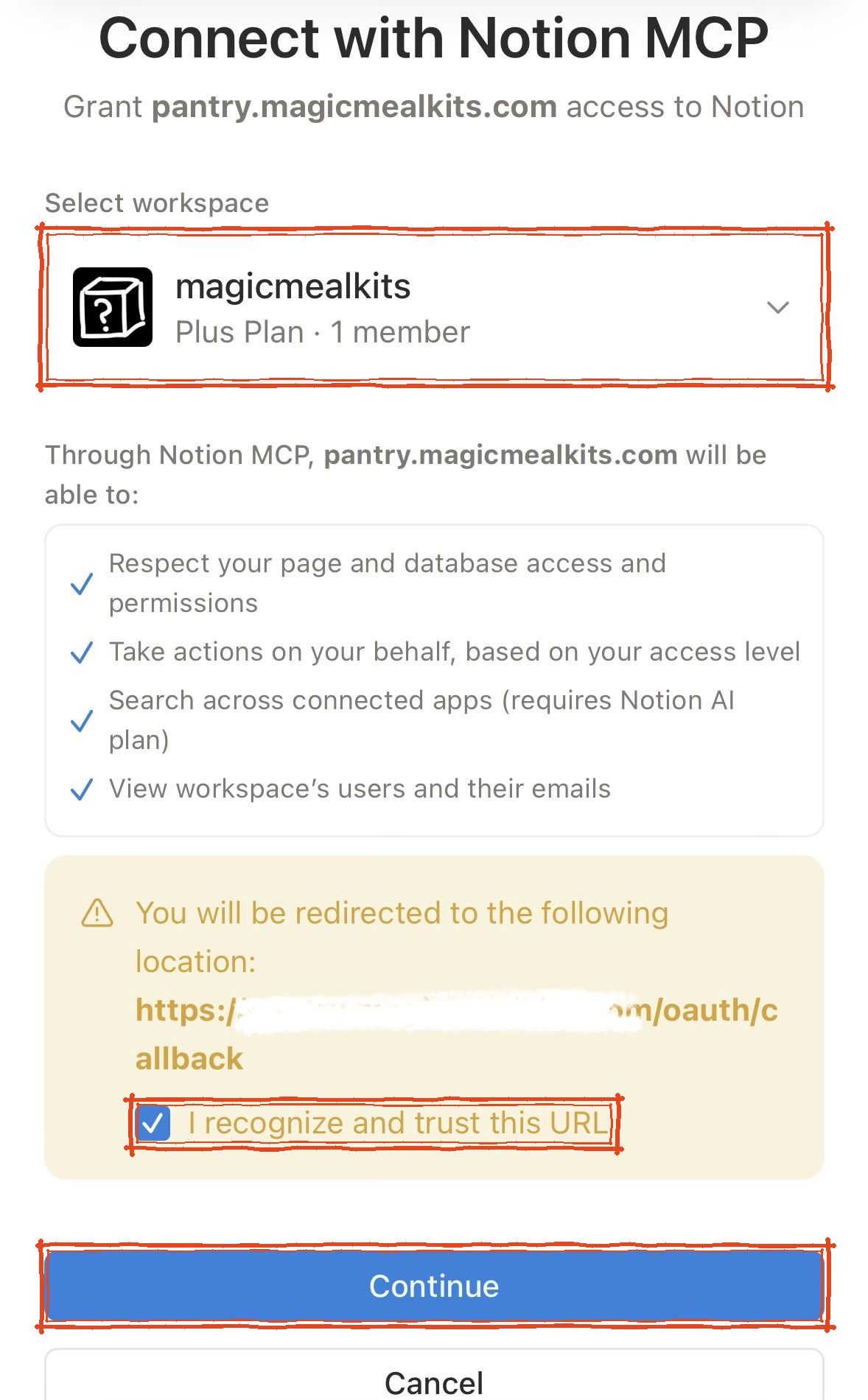 Notion의 Connect with Notion MCP 화면. 워크스페이스 선택 상자, 허브가 할 수 있는 일 목록, 되돌아갈 주소를 확인하는 체크박스, Continue 버튼이 표시되어 있다