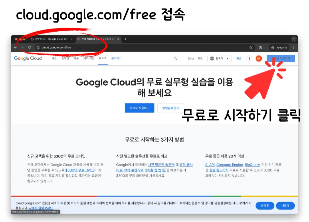 The Google Cloud free trial landing page, with the Get started for free button highlighted