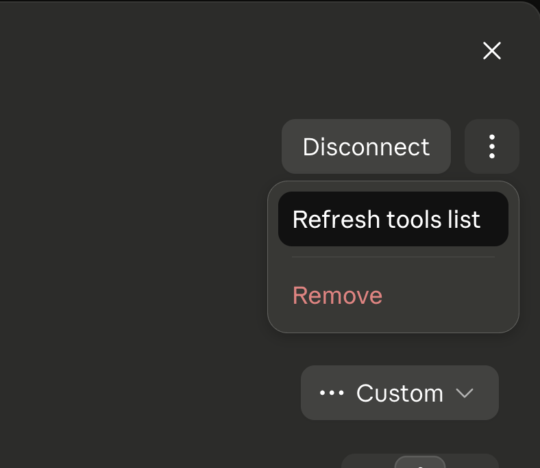 Claude의 커넥터 설정 메뉴가 열려 있고, Refresh tools list가 Remove 위에 보임