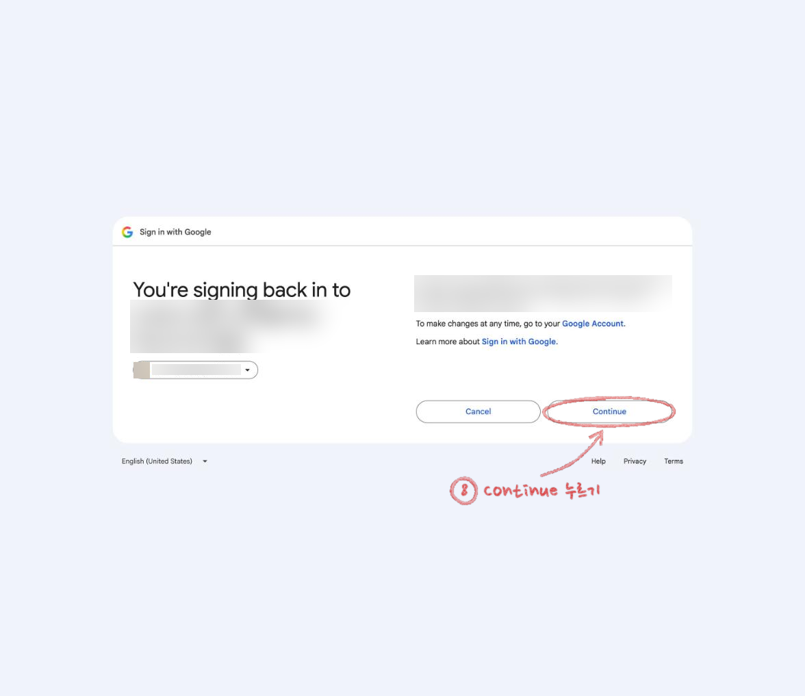 You're signing back in 화면. Continue 버튼에 빨간 동그라미가 그려져 있다
