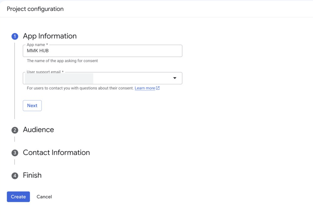 The first step, asking for an app name and a support email