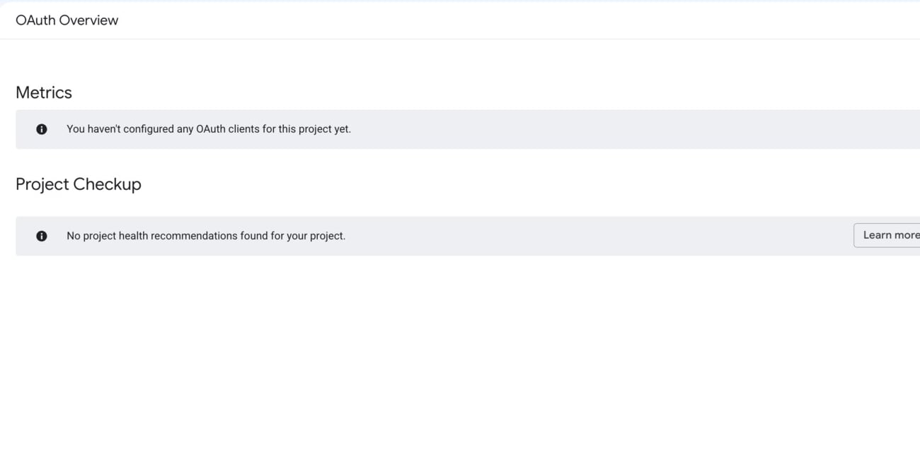 The overview screen after the consent screen has been created