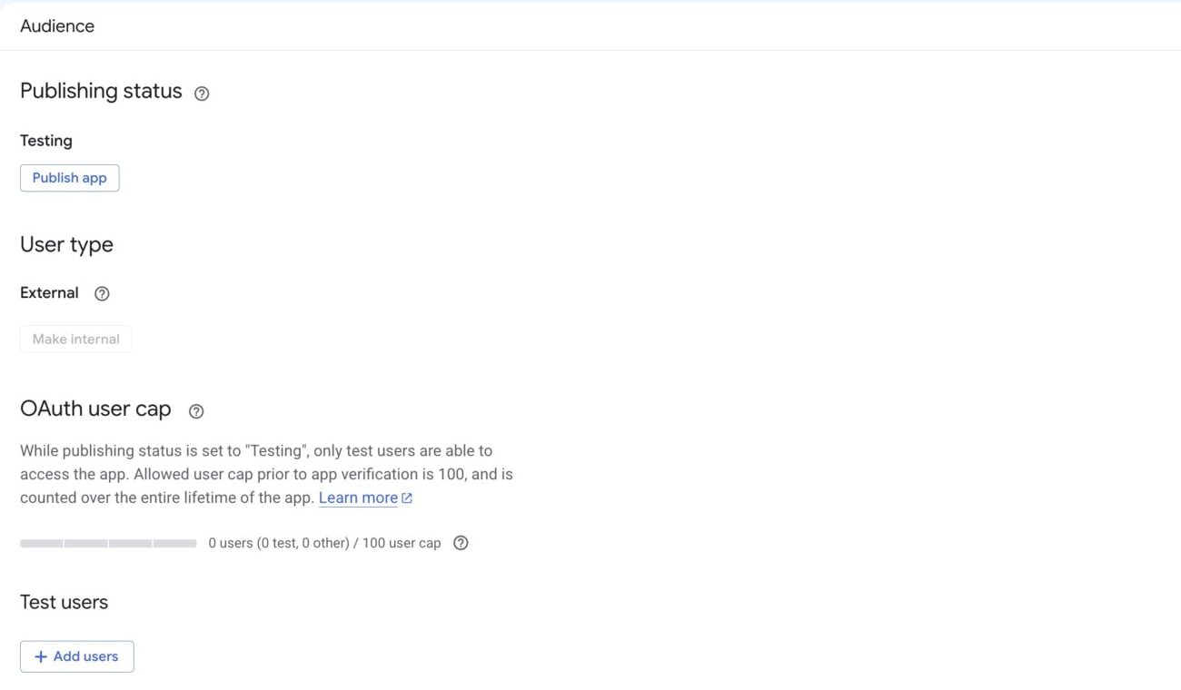 Publishing status showing Testing, with a Publish app button