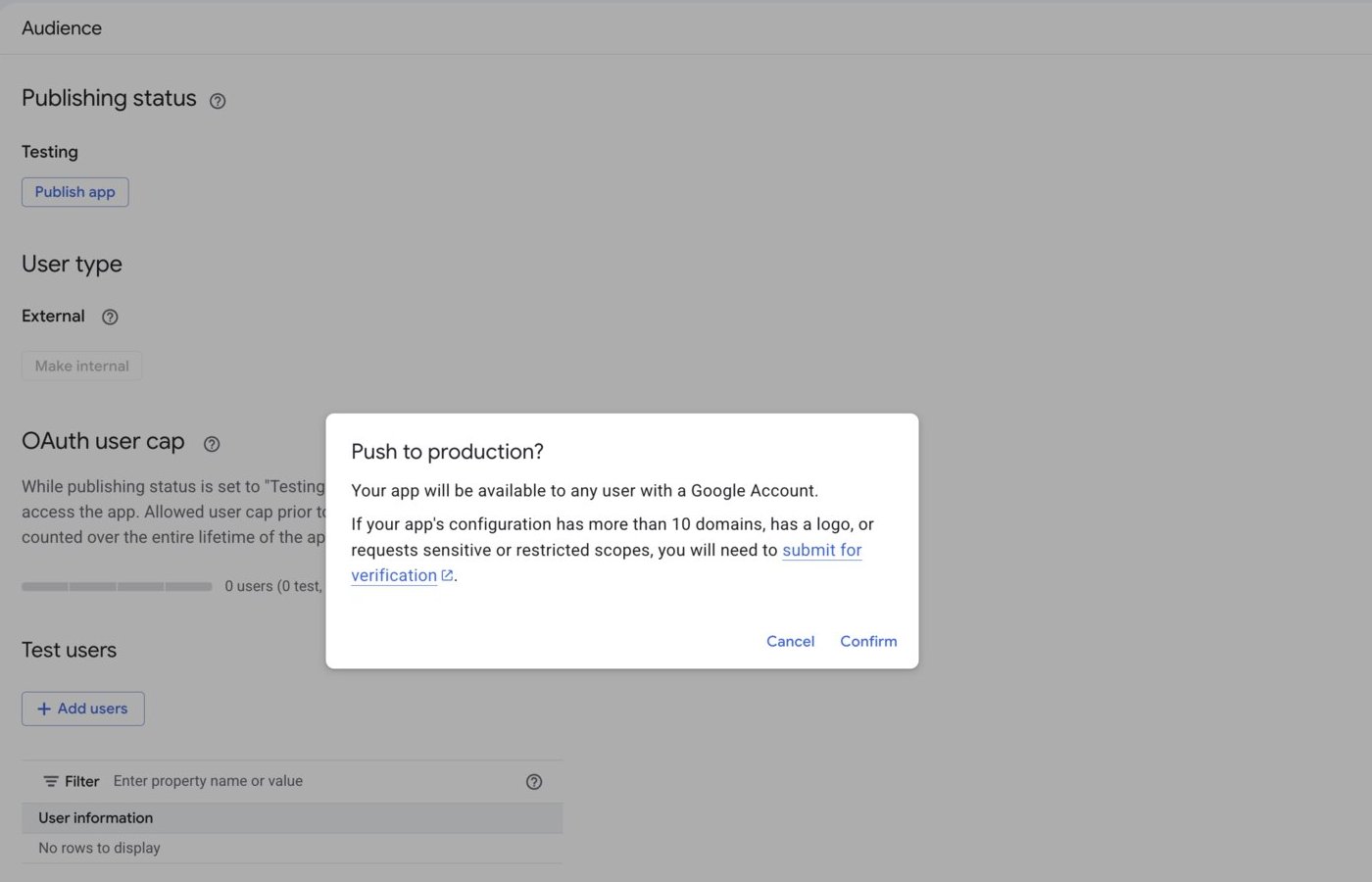 The dialog asking whether to push to production