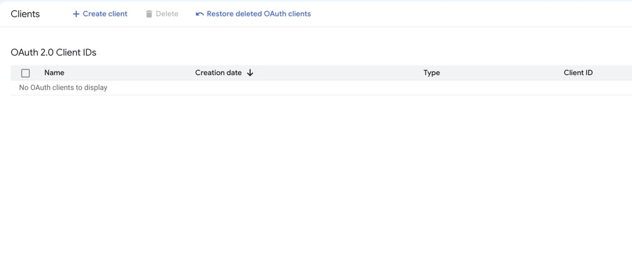 An empty list of OAuth clients
