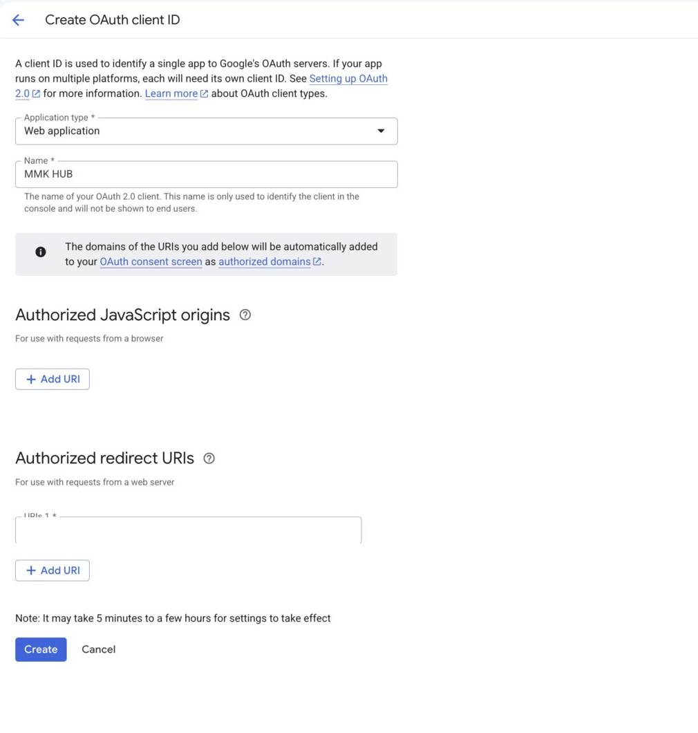 The create client form, showing the web application type and the authorised redirect URIs field