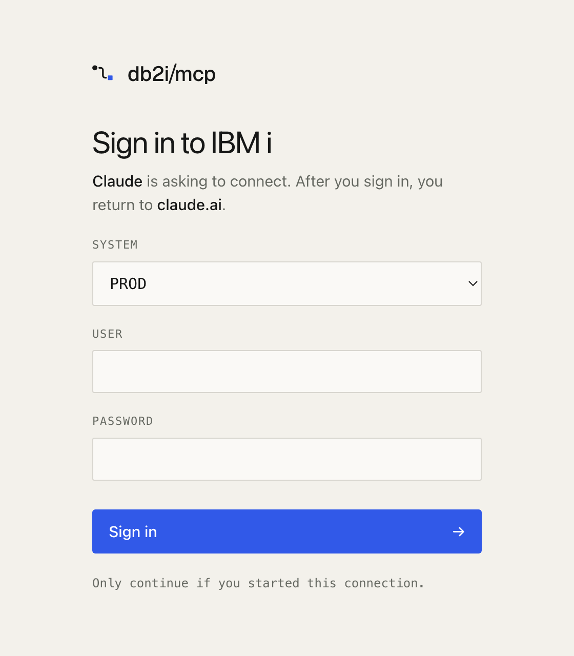 Default sign-in page: the db2i/mcp logo, the heading Sign in to IBM i, a system picker, user and password fields, and a blue Sign in button