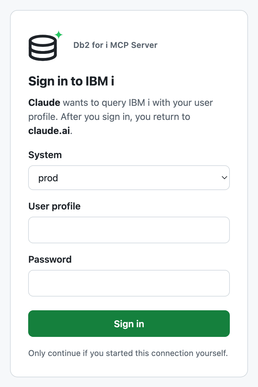 Sign-in page: the Db2 for i MCP Server logo and name, a system picker with prod selected, user profile and password fields, and a Sign in button