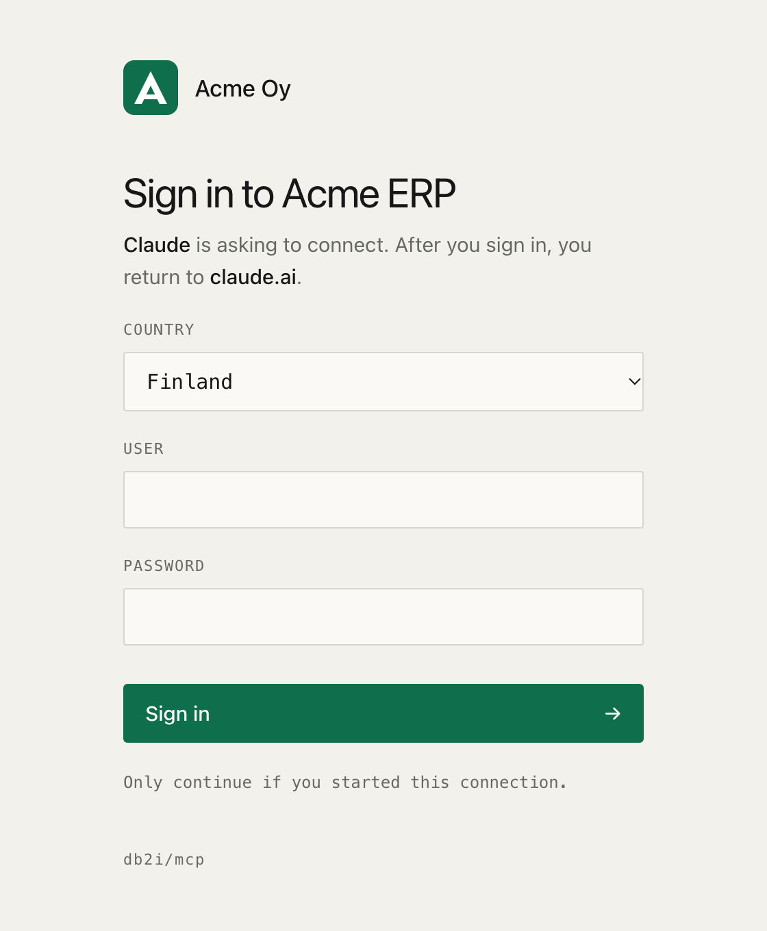 The same page for an example company, Acme Oy: its green logo and name in the header, the heading Sign in to Acme ERP, a Country picker showing Finland, a green Sign in button, and a small db2i/mcp line at the bottom