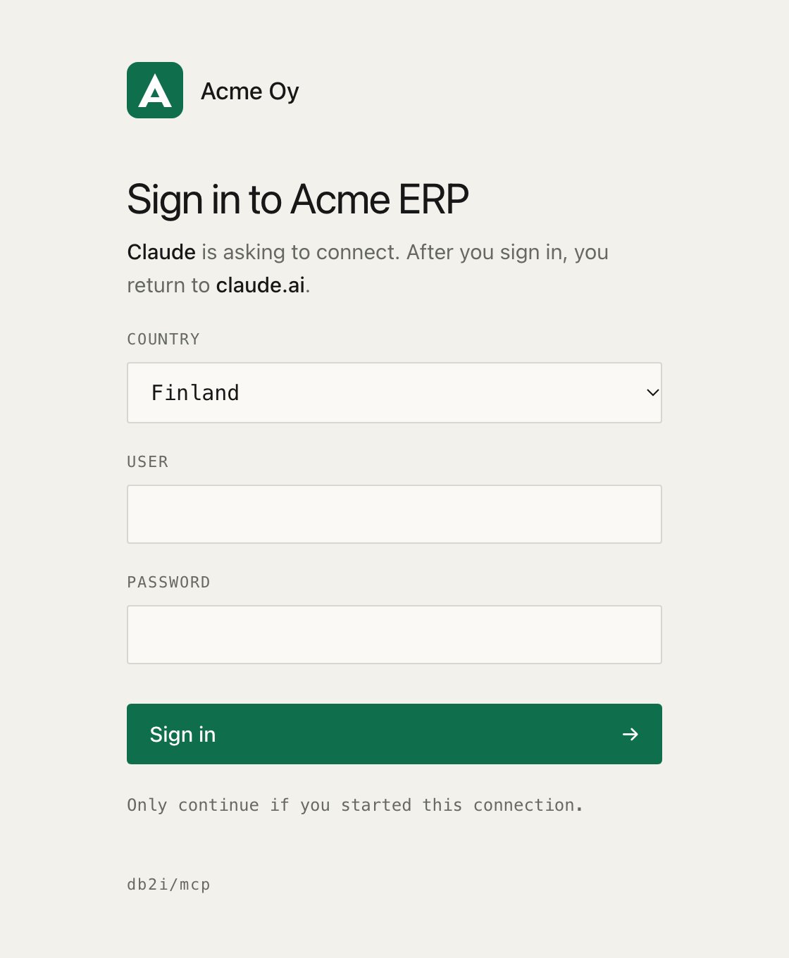 The same page for an example company, Acme Oy: its green logo and name in the header, the heading Sign in to Acme ERP, a Country picker showing Finland, a green Sign in button, and a small db2i/mcp line at the bottom
