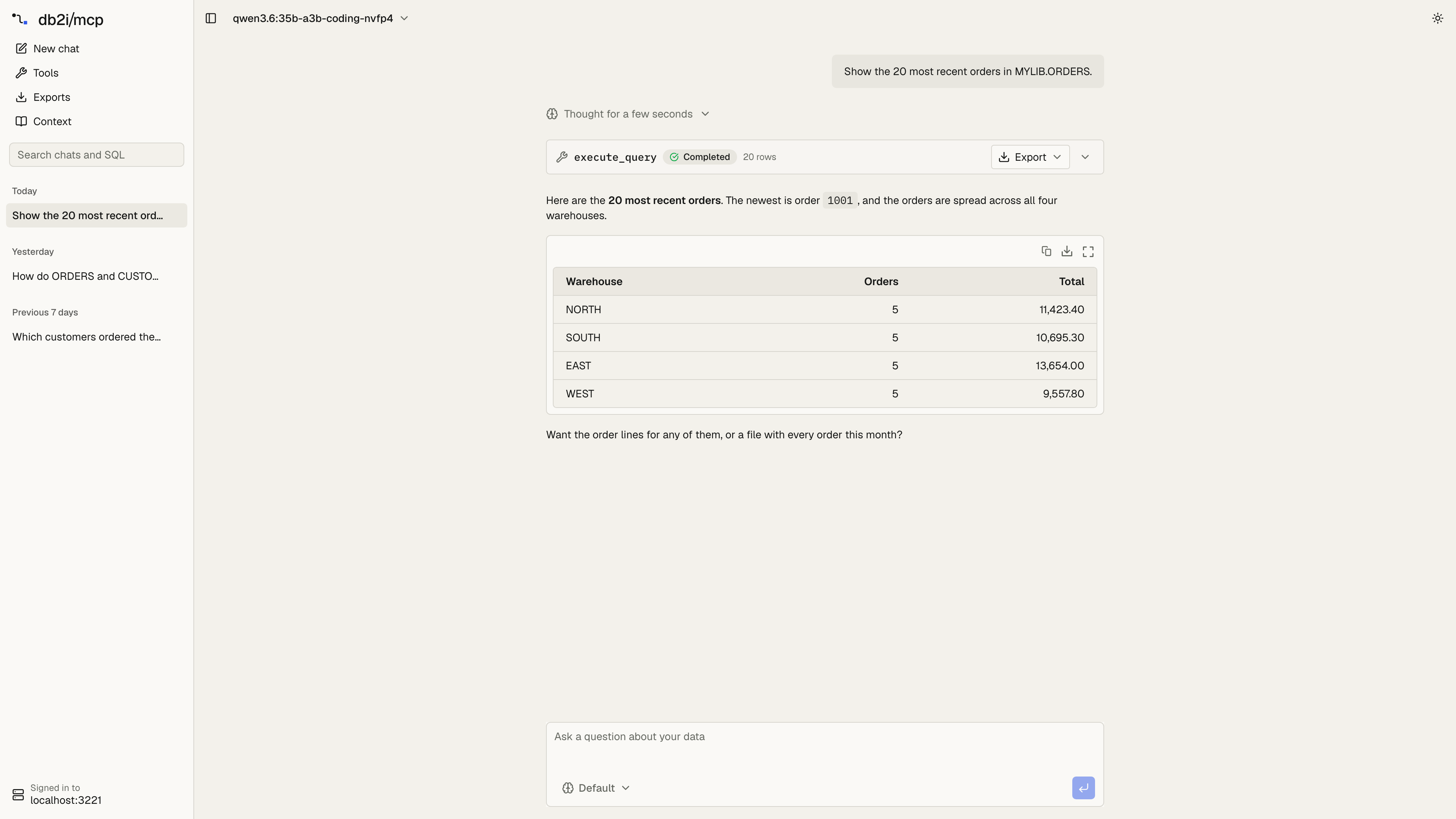 Chat: a sidebar with saved chats grouped by day, a question about the 20 most recent orders in MYLIB.ORDERS, a collapsed execute_query tool card with 20 rows and an Export button, and the answer with a table of orders per warehouse