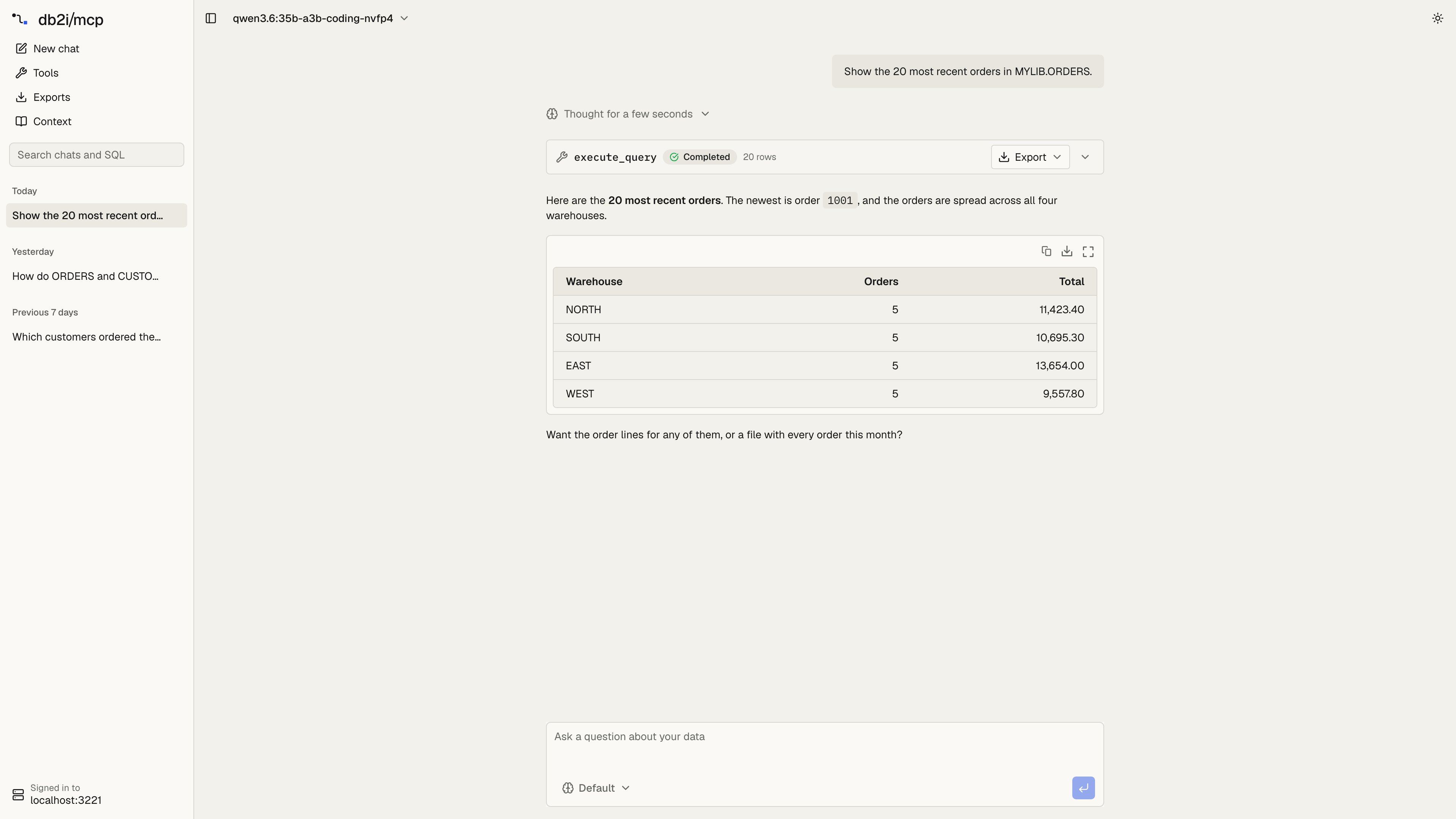 Chat: a sidebar with saved chats grouped by day, a question about the 20 most recent orders in MYLIB.ORDERS, a collapsed execute_query tool card with 20 rows and an Export button, and the answer with a table of orders per warehouse
