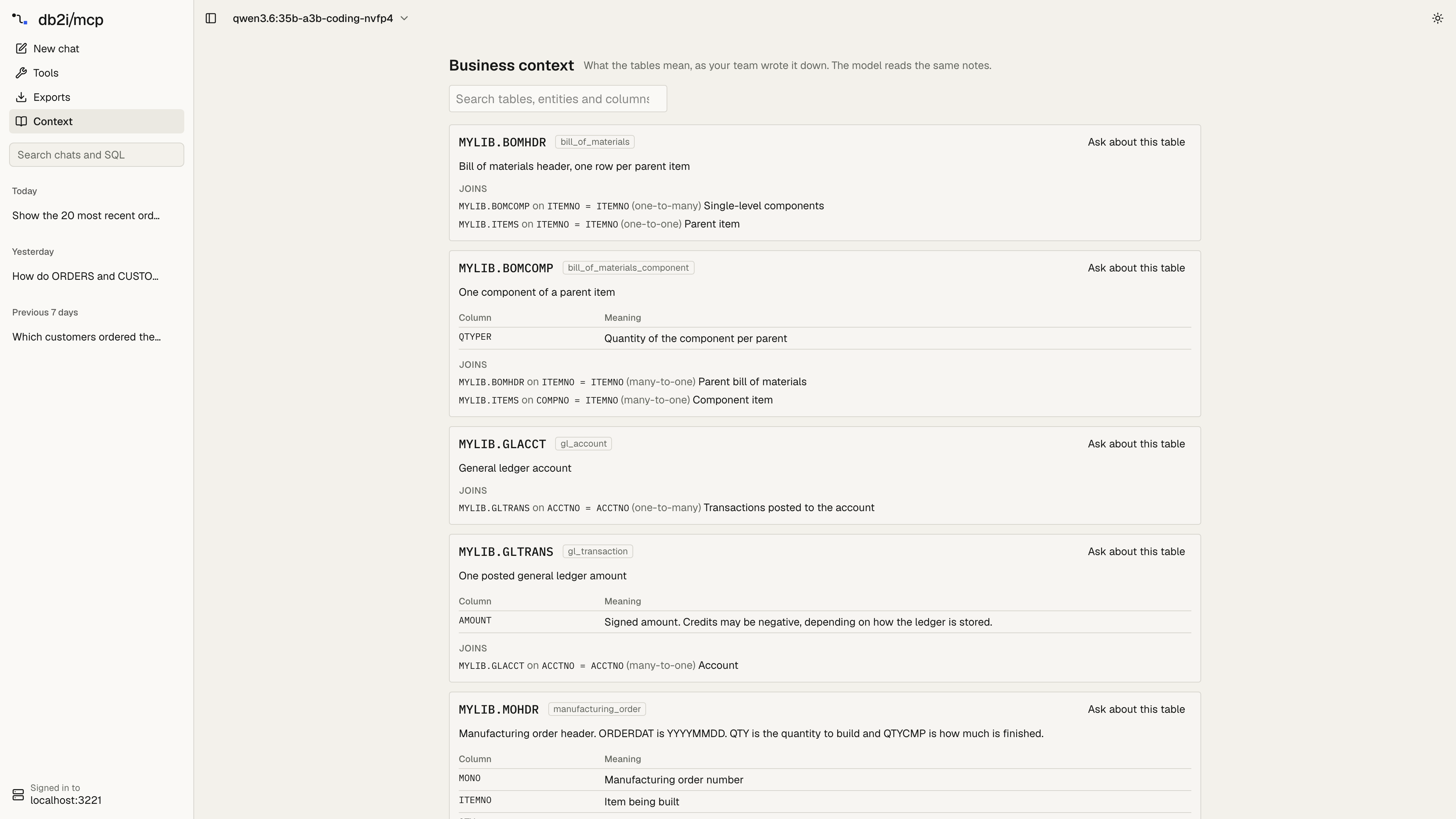 Context page: cards for MYLIB.BOMHDR, MYLIB.BOMCOMP, MYLIB.GLACCT, MYLIB.GLTRANS and MYLIB.MOHDR with their descriptions, column notes and joins