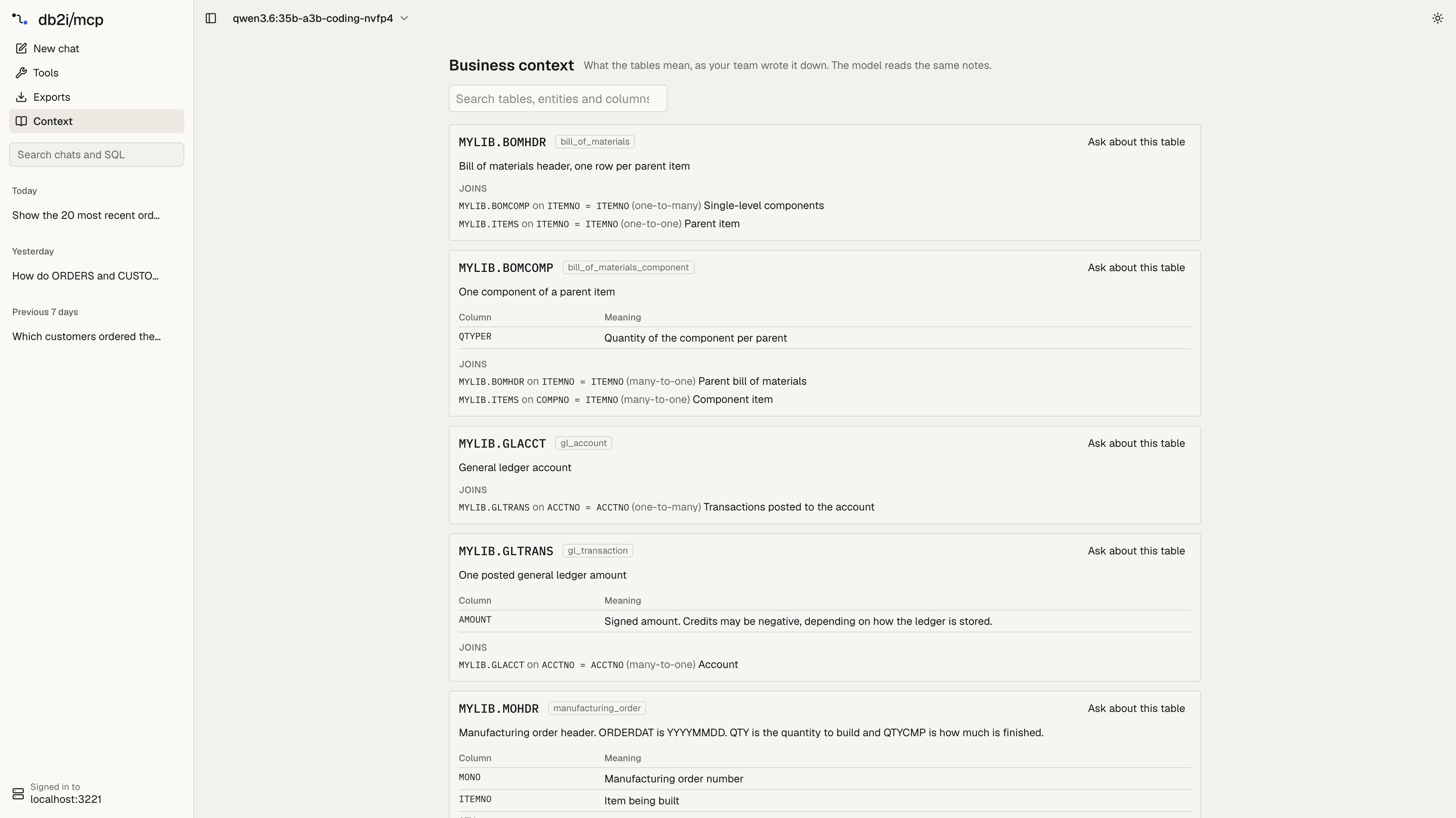 Context page: cards for MYLIB.BOMHDR, MYLIB.BOMCOMP, MYLIB.GLACCT, MYLIB.GLTRANS and MYLIB.MOHDR with their descriptions, column notes and joins
