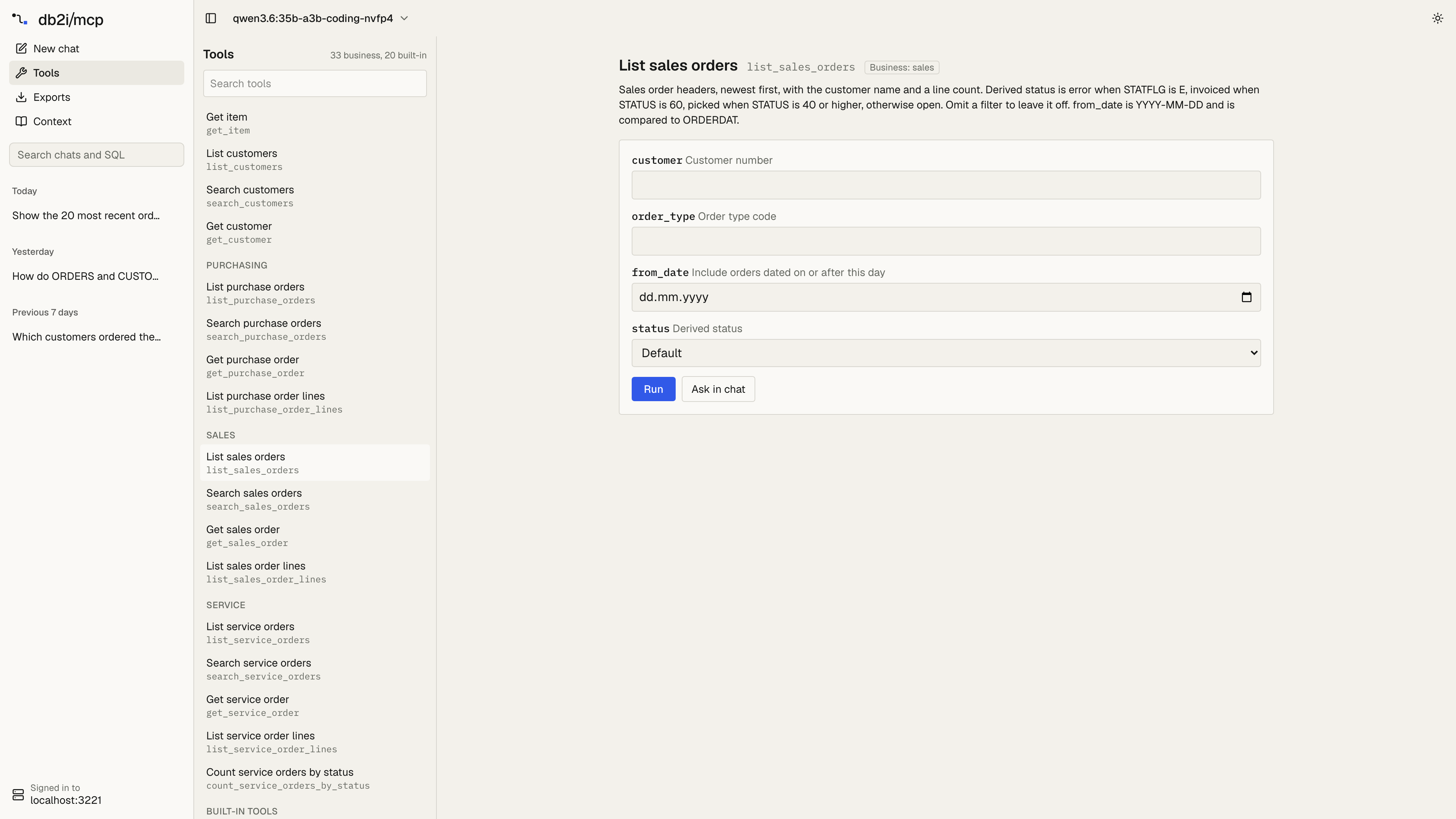 Tools page: business SQL tools grouped by toolset, and the list_sales_orders tool with its description and a form with customer, order type, from date and status fields