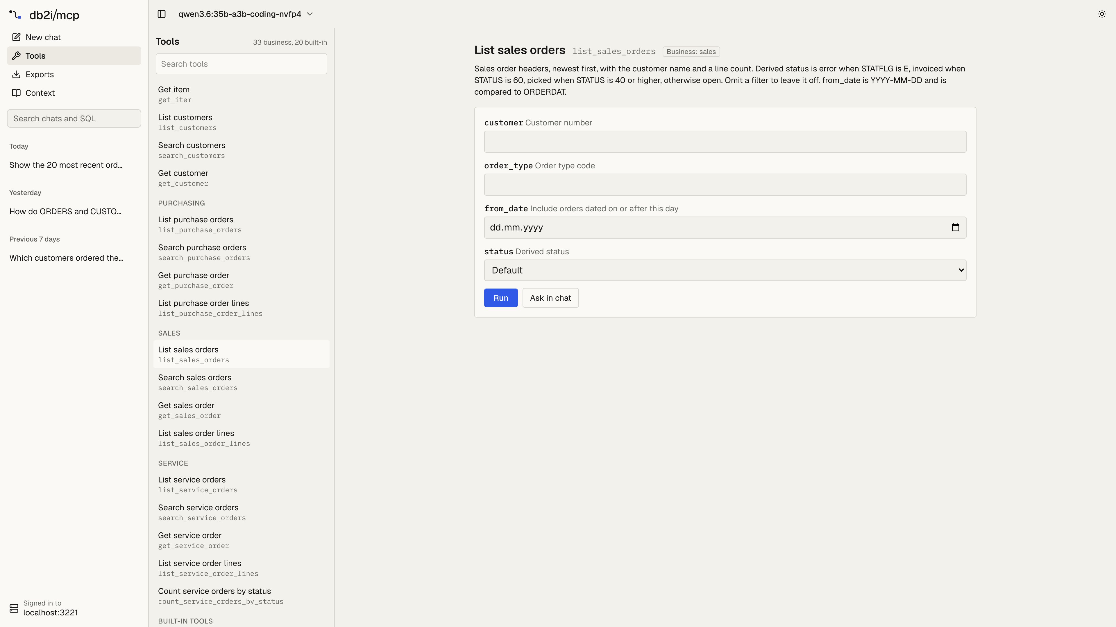 Tools page: business SQL tools grouped by toolset, and the list_sales_orders tool with its description and a form with customer, order type, from date and status fields
