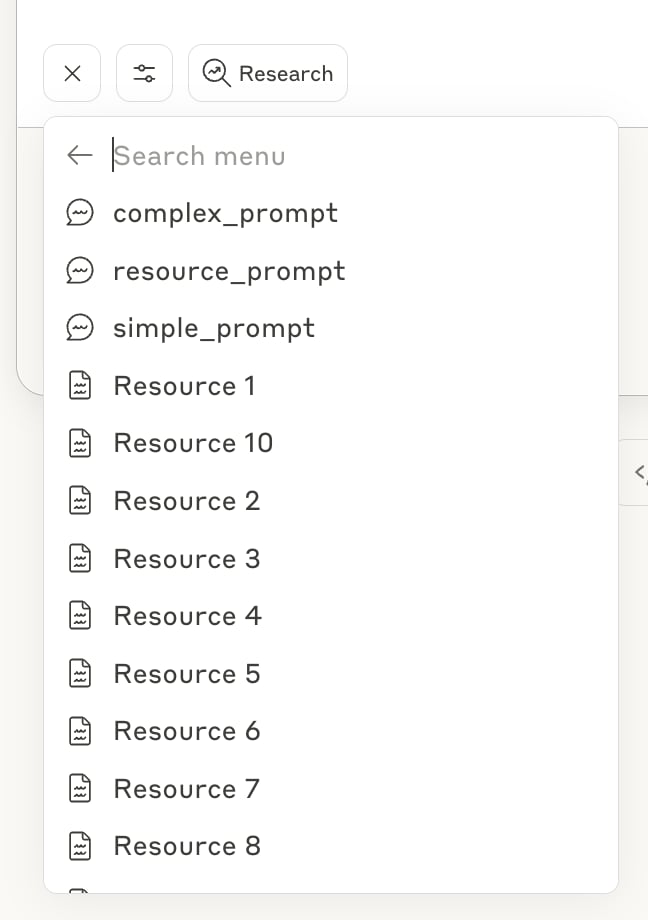 Selecting specific resources and prompts from the menu