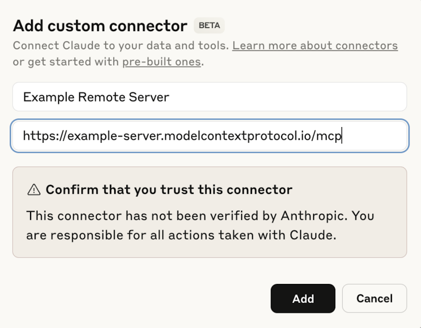 Add custom connector button in Claude settings